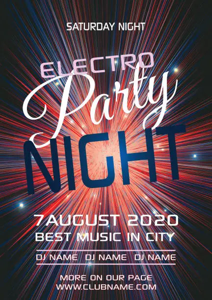 Vector illustration of Party electro night colorful flyer template vector in blue and red color. Tunnel, explosion background