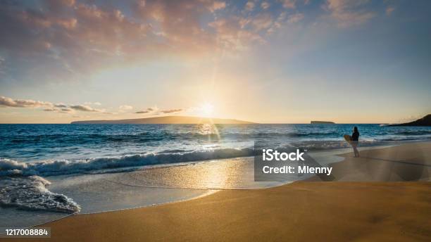 Surfer At The Beach Maui Island Sunset Panorama Hawaii Usa Stock Photo - Download Image Now