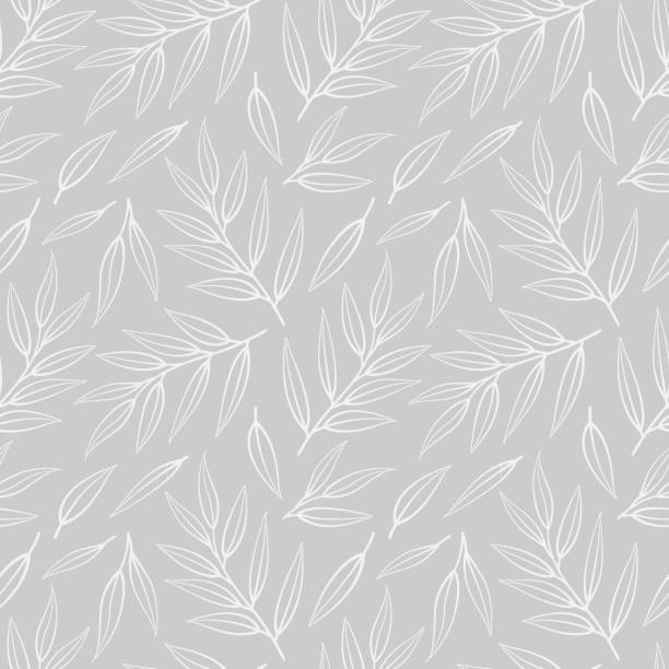 vektor nahtloses muster mit weißen blättern auf zweigen auf grauem hintergrund. - seamless pattern leaf backgrounds stock-grafiken, -clipart, -cartoons und -symbole