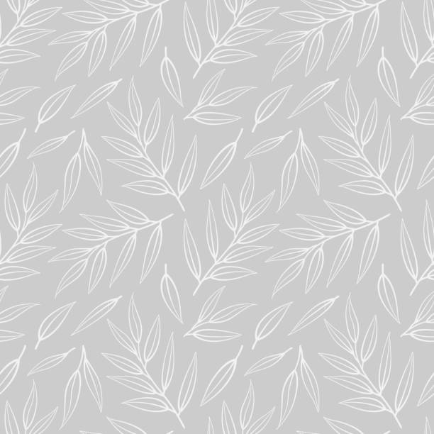 Vector seamless pattern with white leaves on twigs on gray background. Vector seamless pattern with white leaves on twigs on gray background; abstract natural design for fabric, wallpaper, textile, packages, wrapping paper, web design. wallpaper decor stock illustrations