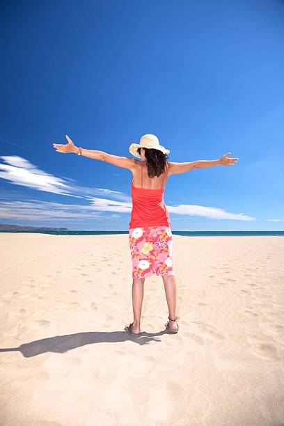 istock greeting woman with straw hat at beach 121701038