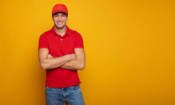 istock Courier or delivery man. Service for people 1217020469