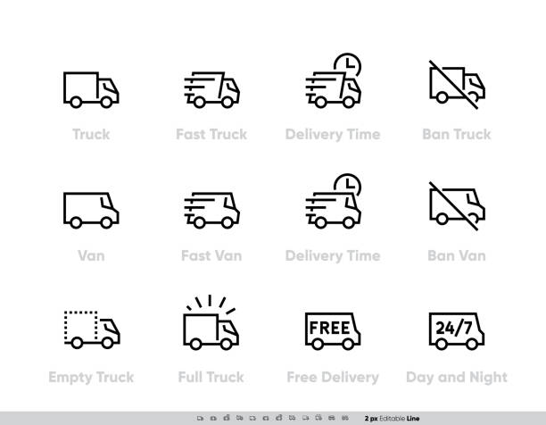 delivery truck icons set. schneller lkw, minibus, van, lieferung in der zeit, ban, 24-7 kostenlose lieferung. vektor editierbare linie - lastenrad stock-grafiken, -clipart, -cartoons und -symbole