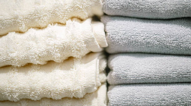 istock Counter in the store with a stack of towels. 1217021944