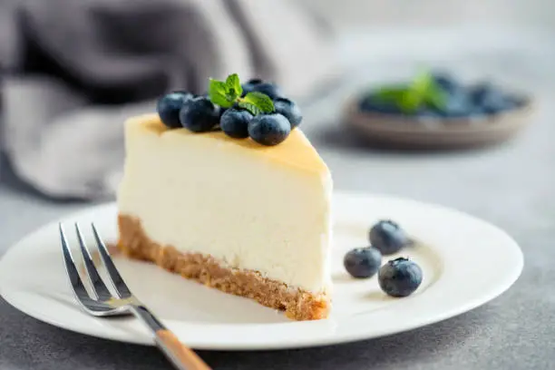 Photo of Cheesecake with blueberries on white plate