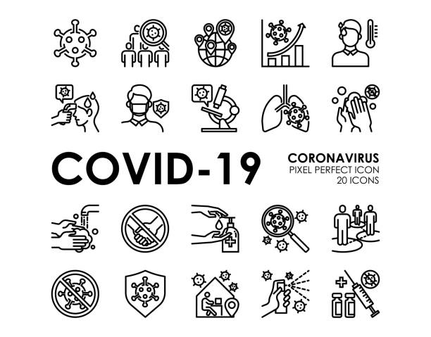 ilustrații de stoc cu set de pictograme de linie vectorială legate de protecția coronavirusului covid-19. cum ar fi prevenirea covid-19, simptomele coronavirusului, distanțarea socială și multe altele, accident vascular cerebral editabil, pixel perfect. - covid 19