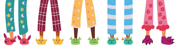 Set of children pajama slippers Set of children pajama slippers. Pajama party. Vector editable illustration pajamas illustrations stock illustrations