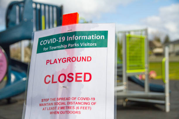 istock COVID-19 Closed Playground Sign with playground 1217027575