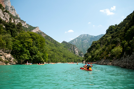 People in boats on St Croix Lake, Verdon Gorge, Provence, France - July 14, 2018