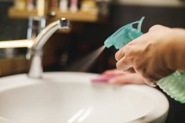 woman cleaning bathroom - vinegar imagens e fotografias de stock