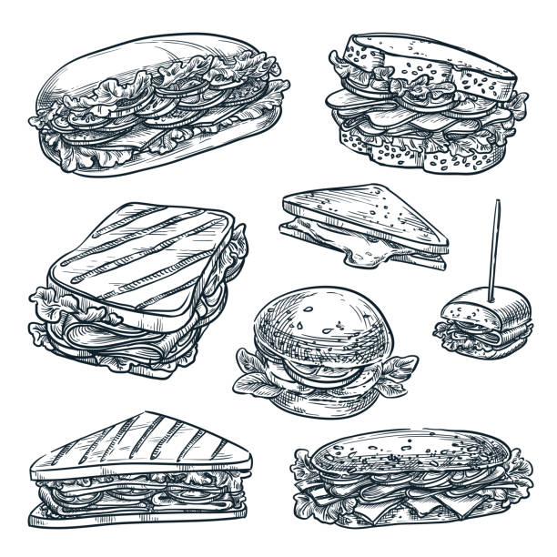 Sandwiches isolated set. Fast food snacks vector sketch illustration. Cafe lunch menu hand drawn vintage design elements Homemade sandwiches set, isolated on white background. Fast food snacks vector sketch illustration. Multigrain bread with cheese, ham and tomato. Cafe lunch menu hand drawn vintage design elements sandwich stock illustrations
