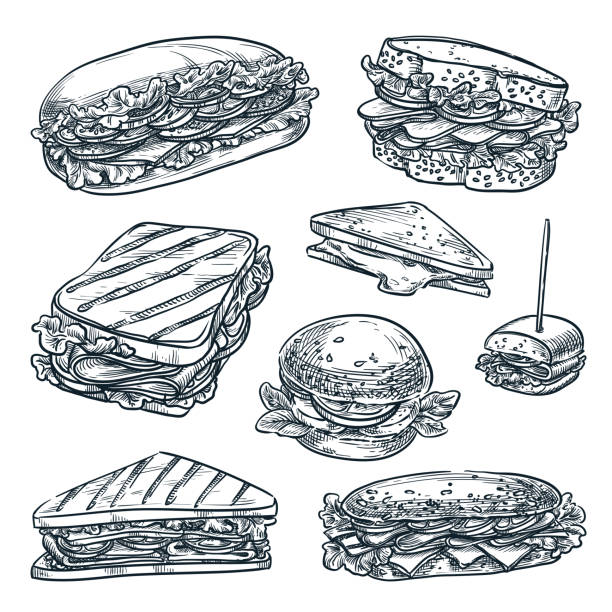 Sandwiches isolated set. Fast food snacks vector sketch illustration. Cafe lunch menu hand drawn vintage design elements Homemade sandwiches set, isolated on white background. Fast food snacks vector sketch illustration. Multigrain bread with cheese, ham and tomato. Cafe lunch menu hand drawn vintage design elements cafe sandwich stock illustrations