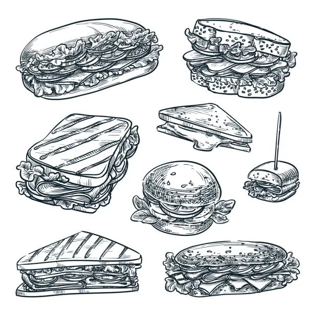 Vector illustration of Sandwiches isolated set. Fast food snacks vector sketch illustration. Cafe lunch menu hand drawn vintage design elements