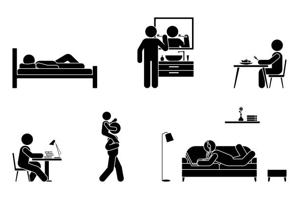 Stick figure man everyday life time activities vector icon set. Sleep, brush teeth, eat, sit at desk, work, study, play with kid, lay on sofa, listen to music, use laptop pictogram on white Stick figure man everyday life time activities vector icon set. Sleep, brush teeth, eat, sit at desk, work, study, play with kid, lay on sofa, listen to music, use laptop pictogram on white black man brushing teeth stock illustrations