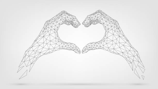 Heart gesture of wireframe hands Two wireframe hands folded heart from fingers, gesture of friendship and love polygon heart shape stock illustrations
