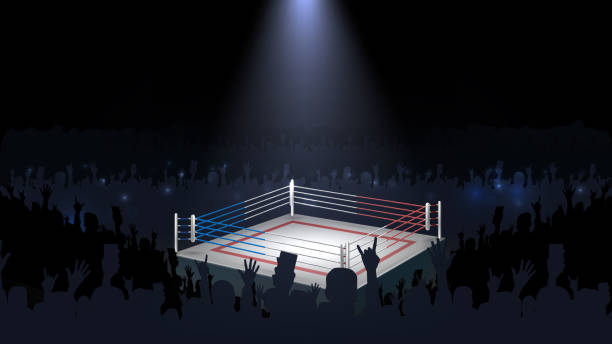Boxing ring in and crowd Empty boxing ring in a dark room and crowd, platform for fighting competitions top view wrestling stock illustrations