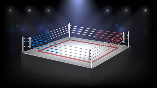 Empty boxing ring in a dark room and crowd, platform for fighting competitions