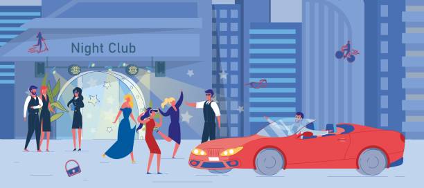 Nightclub and Drunk Girl Friend Group Outside Drunk Girl Friend Group Having Fun Outside and Security Representative Doing Blocking Way Gesture with Arm. Man Driving Car. Married Couple at Face Control Service. Nightclub Entrance Outdoor woman driving car night stock illustrations