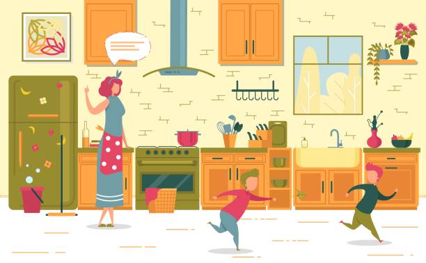 Mother Scold Two Naughty Son Running on Kitchen Mother Wagging Index Finger Scold Two Naughty Son Running and Playing Catch-up on Home Kitchen. Misbehavior Children and Parenthood. Kid Poor Discipline and Upset Mom. Vector Illustration positive negative slide stock illustrations