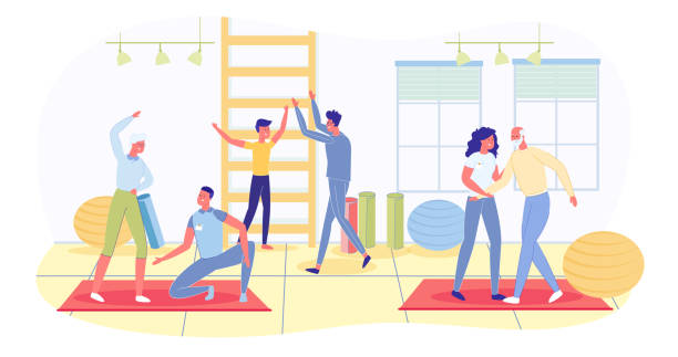 Physical Therapy for Patients Rehabilitation. Physical Therapy for Patients Rehabilitation. In Gym, Elderly and Young Patients Engaged with Trainers. Workers Explain how to Perform Exercises on Soft Rugs, with Large Exercise Balls. cartoon of the older people exercising gym stock illustrations