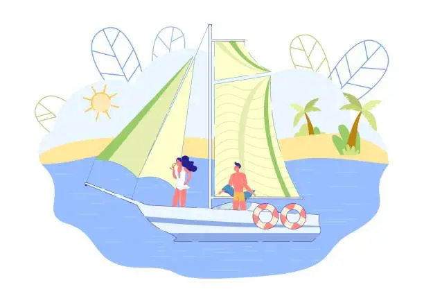 Vector illustration of Couple Sailing and Drinking Champagne, Slide.