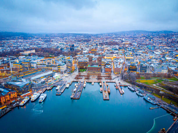 Aerial view of Oslo city hall in winter time, Norway stock photo