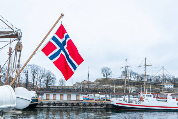 Norway flag on the boat in Oslo