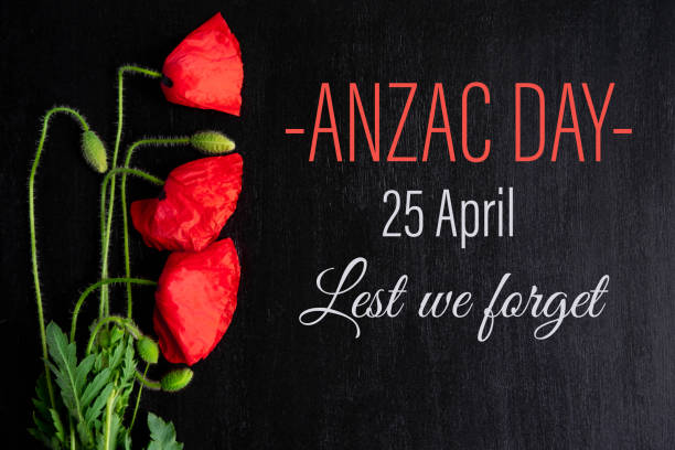 anzac day. greeting card with the inscription and poppy flowers on a black background. flat lay, top view. - corps imagens e fotografias de stock