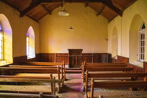 the interior of a white and grey Lutheran church Orslev, Denmark, August 9, 2021