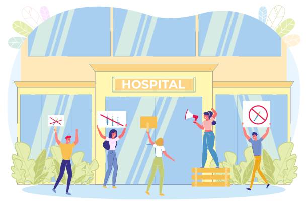 ilustrações, clipart, desenhos animados e ícones de greve contra a vacinação no hospital da frente. - striker