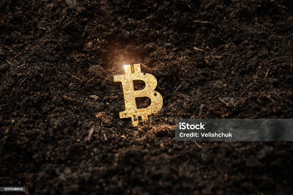 Bitcoin hold concept. Cryptocurrency stored in the ground - saving symbol Bitcoin hold concept. Cryptocurrency stored in the ground - saving symbol. Bitcoin Stock Photo