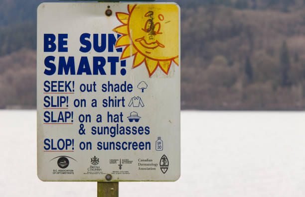 View of sign "Be Sun Smart" in Cates Park stock photo