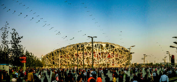 The Birds Nest Stadium, constructed for the 2008 Beijing Olympic Games. Beijing, China Beijing National Stadium, officially the National Stadium, also known as the Bird's Nest, is a 91,000-capacity stadium in Beijing, China. beijing olympic stadium photos stock pictures, royalty-free photos & images