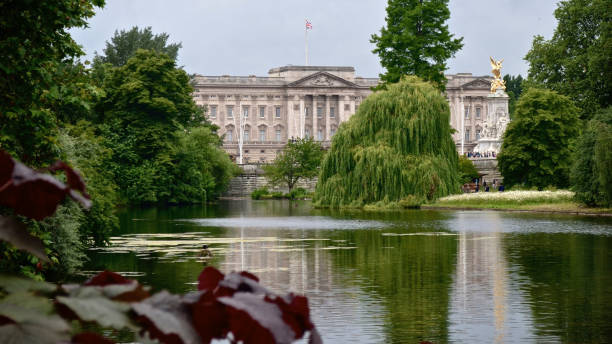 vista di buckingham palace da st. james's park. londra, inghilterra. - london england park whitehall street palace foto e immagini stock