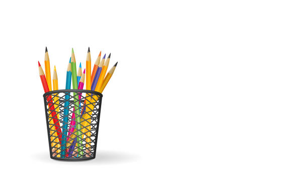 Creative Spirit Black pencil bucket with color pencils and copy space for your messages. coloring illustrations stock illustrations