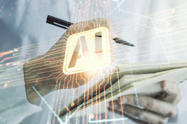 istock Double exposure of creative artificial Intelligence icon with man hand writing in notebook on background. Neural networks and machine learning concept 1217047818