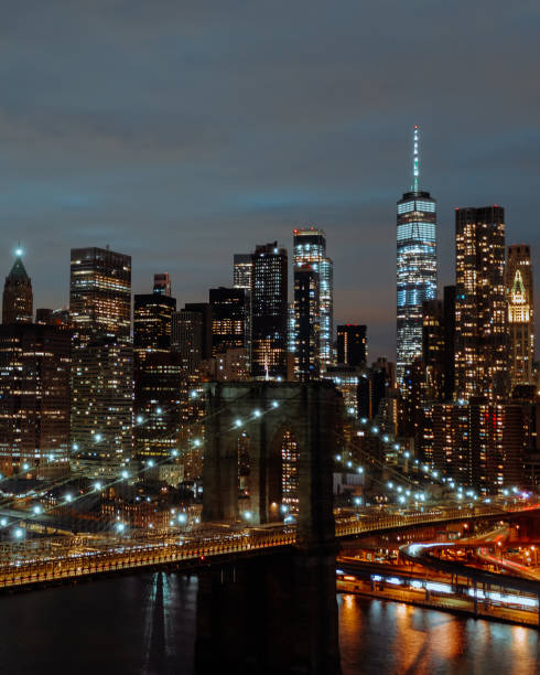 istock Aerial View Brooklyn Bridge at night 1217048543