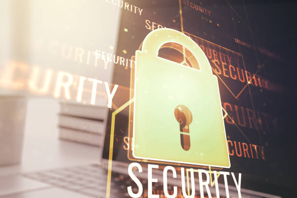 istock Double exposure of creative lock hologram with chip on laptop background. Information security concept 1217048694