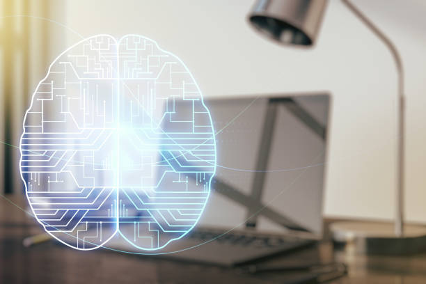 istock Double exposure of creative artificial Intelligence symbol with modern laptop on background. Neural networks and machine learning concept 1217048720