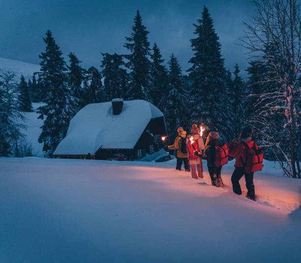 istock Friends hike through snow to log cabin 1217048950