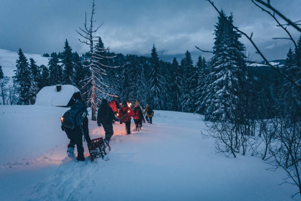 istock Friends hike through snow to log cabin 1217049532
