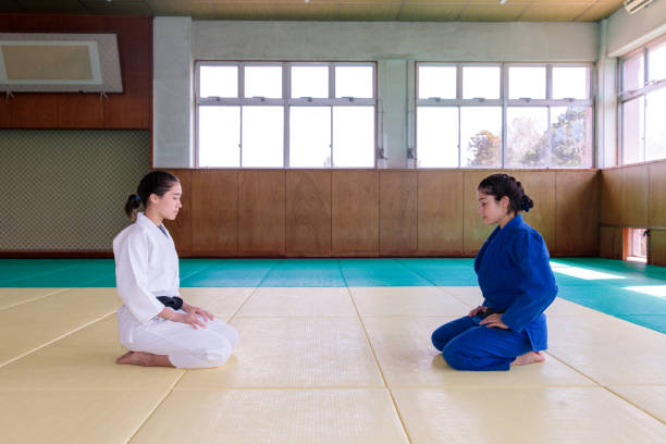 istock Judo athletes sitting on heels before the match 1217052771