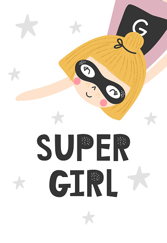 Kids poster with cute ginger flying girl superhero and hand drawn lettering. Baby nursery wall art. Vector illustration.