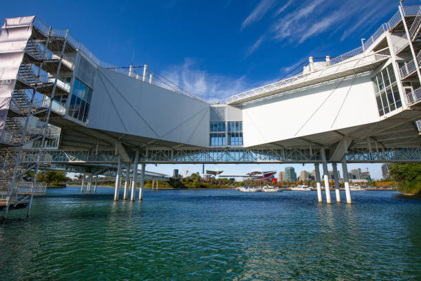Ontario Place in Toronto, an entertainment venue and theme park located on three artificial landscaped islands just off-shore in Lake Ontario Toronto, Canada-20 August, 2019: Ontario Place in Toronto, an entertainment venue and theme park located on three artificial landscaped islands just off-shore in Lake Ontario cirque de soleil stock pictures, royalty-free photos & images