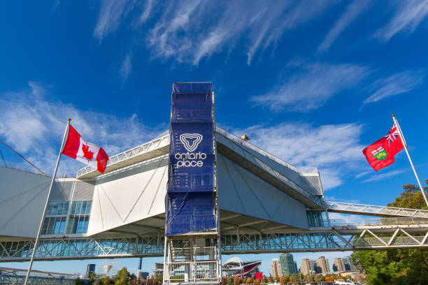 Ontario Place in Toronto, an entertainment venue and theme park located on three artificial landscaped islands just off-shore in Lake Ontario Toronto, Canada-20 August, 2019: Ontario Place in Toronto, an entertainment venue and theme park located on three artificial landscaped islands just off-shore in Lake Ontario cirque de soleil stock pictures, royalty-free photos & images