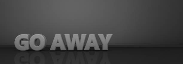 3d rendering of "GO AWAY" word on gray background and reflective black floor. Copy space.