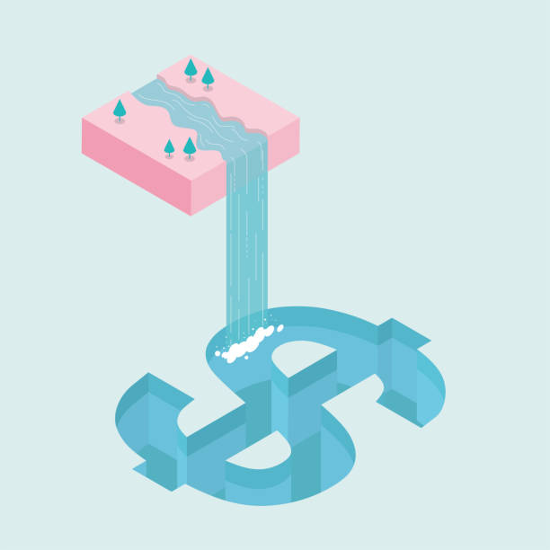 Water flows down from mid-air, forming a waterfall, into the swimming pool,swimming pool is dollar symbol shape. Water flows down from mid-air, forming a waterfall, into the swimming pool,swimming pool is dollar symbol shape. Surreal concept design. cascading money stock illustrations