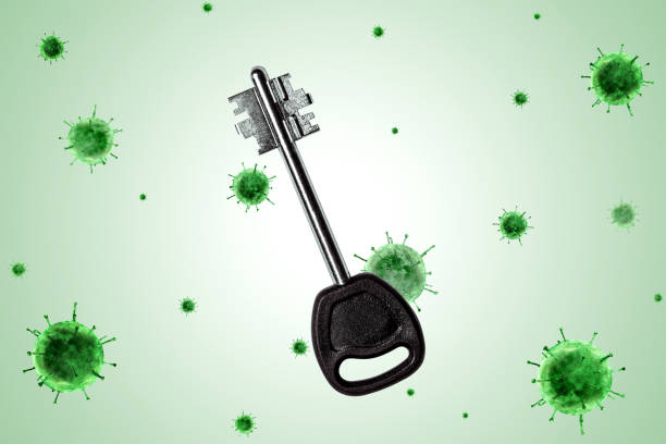 istock Precautions for Coronavirus, Covid-19. The large key is surrounded by green bacteria. Horizontal frame 1217058226