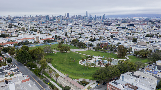 Aerial shot of empty Dolores Park in San Francisco during the Coronavirus pandemic of 2020.