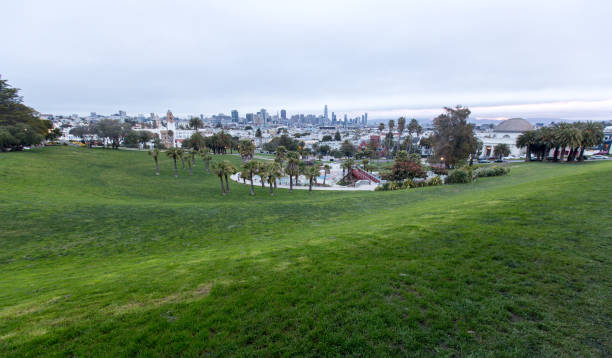 The skyline of San Francisco and the Mission High School, seen from Dolores Park in the Mission District.